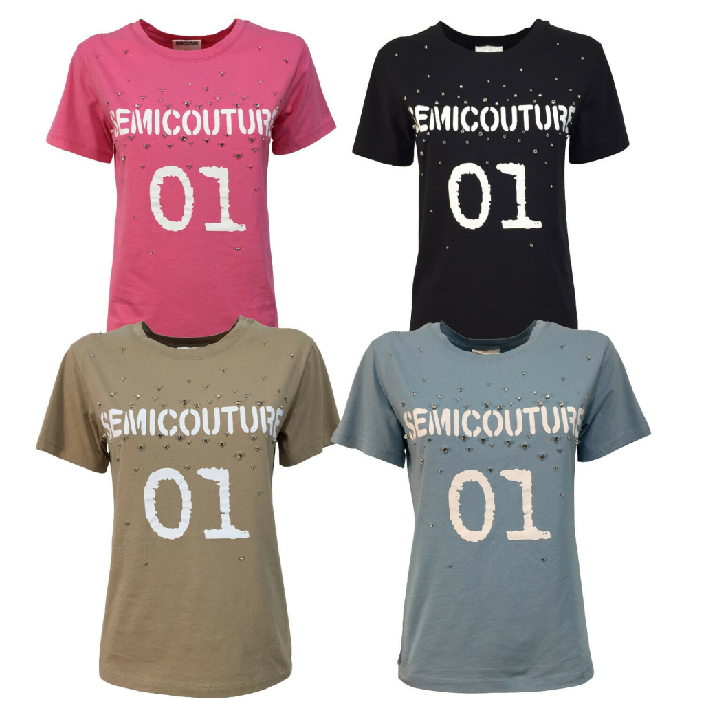 SEMICOUTURE t-shirt donna mezza manica con strass art Y1SJ02 100% cotone SEMICOUTURE t-shirt donna mezza manica con strass art Y1SJ02 100% cotone