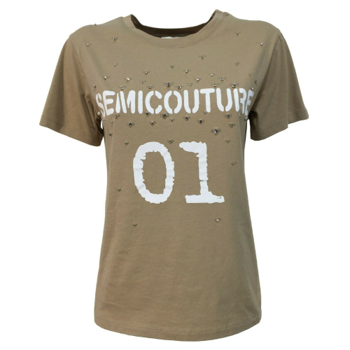 SEMICOUTURE t-shirt donna mezza manica con strass art Y1SJ02 100% cotone