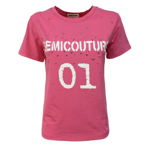 SEMICOUTURE woman half sleeve t-shirt with rhinestones art Y1SJ02 100% cotton