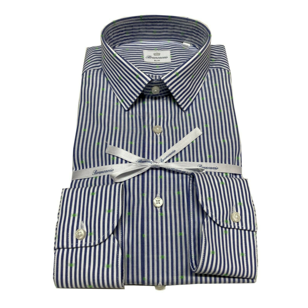 BRANCACCIO camicia uomo righe blu micro disegni verde art SA00B0 SLIM ALBERT DBB0103 BRANCACCIO camicia uomo righe blu micro disegni verde art SA00B0 SLIM ALBERT DBB0103