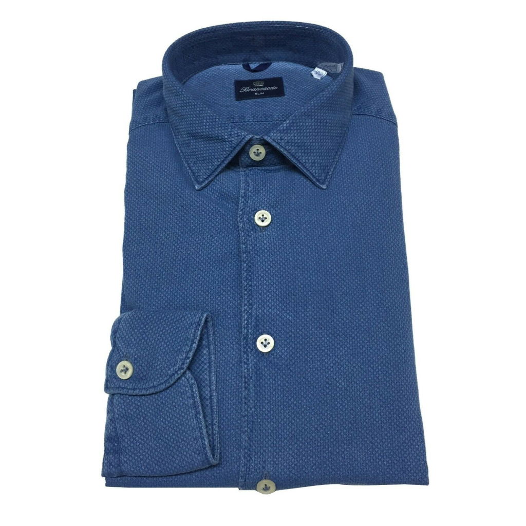 BRANCACCIO man shirt long sleeve slim textured fabric denim color art SA00B2 ALBERT DBB0211