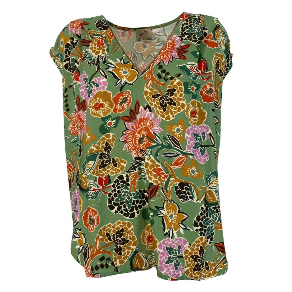 LA FEE MARABOUTEE blusa donna fantasia verde art FA-TO-LISE 100% viscosa MADE IN ITALY