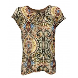 LA FEE MARABOUTEE t-shirt donna bimateriale fantasia+ lino cipria art FA-TS-MYLIANE