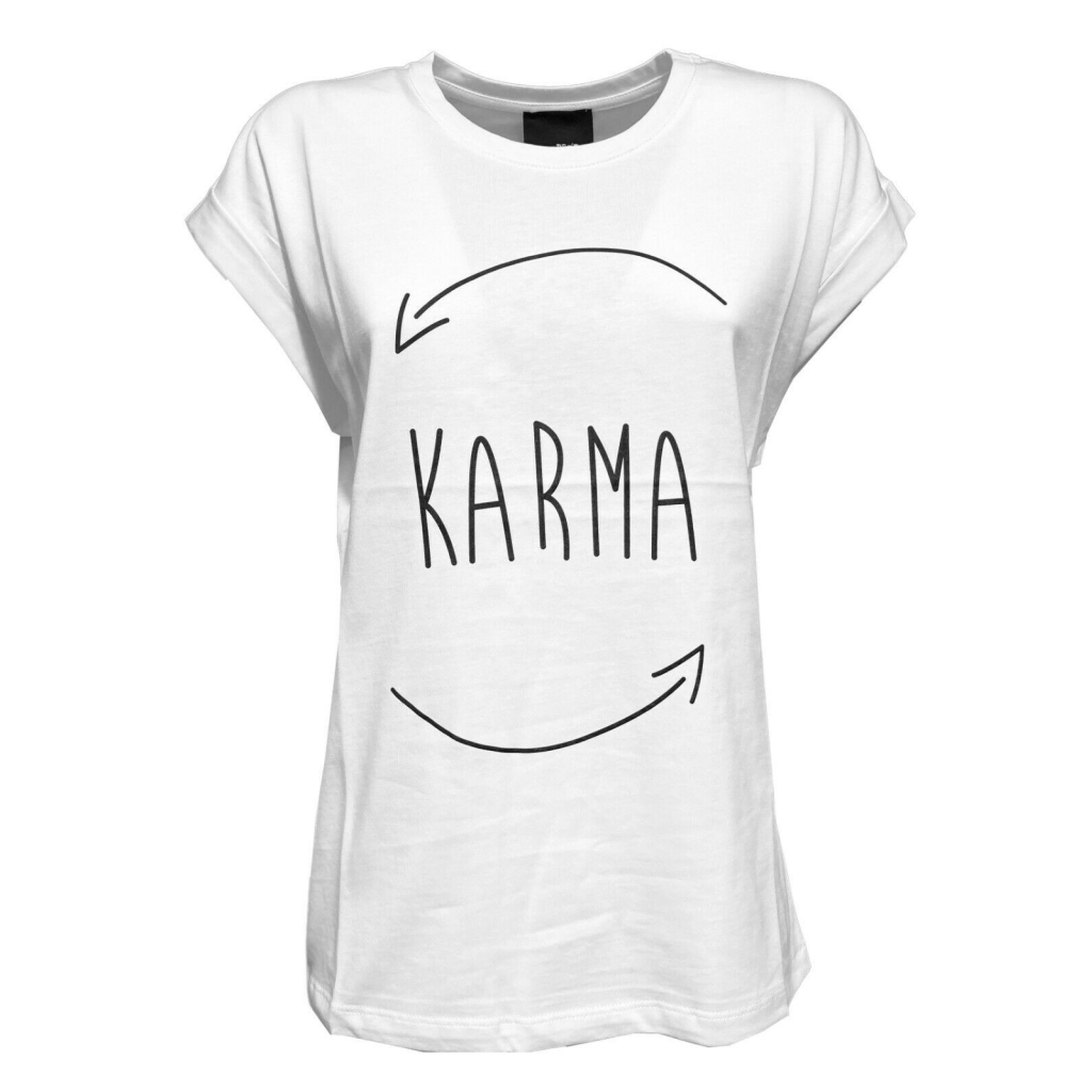 PRET A PORTER VENEZIA t-shirt donna girocollo bianca stampa nera art KARMA 100% cotone MADE IN ITALY