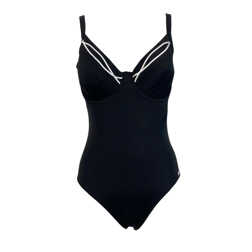 FASHY black one-piece swimsuit with white inserts art 2127 C 80% recycled polyamide 20% elastane