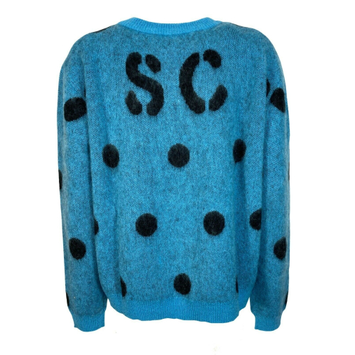 SEMICOUTURE women's turquoise crewneck sweater with black polka dots art S1WF20 ARIELLE MADE IN ITALY