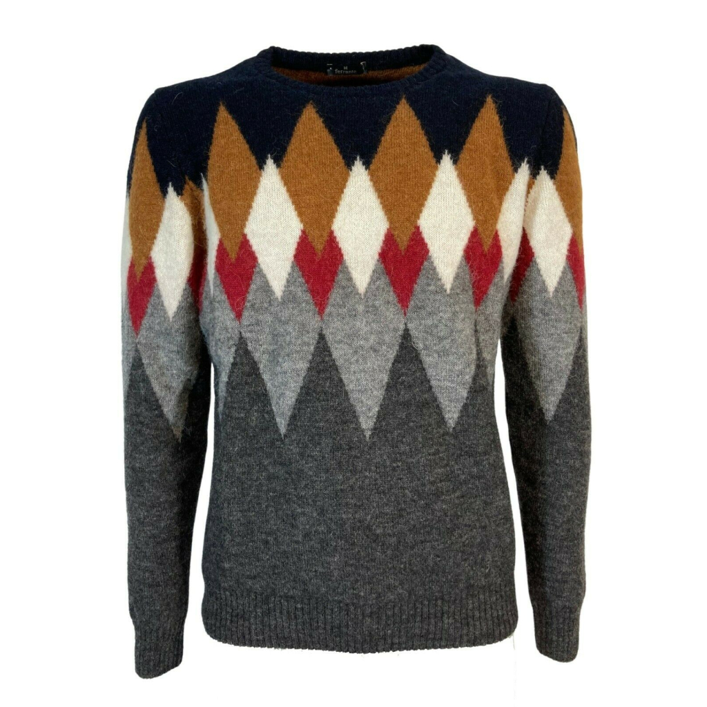 FERRANTE men's blue / leather / gray patterned crewneck sweater art 46U28105 MADE IN ITALY FERRANTE men's blue / leather / gray patterned crewneck sweater art 46U28105 MADE IN ITALY