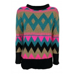 OPEN LAB woman patterned sweater black / camel / fuchsia / lurex teal crewneck art CLOE MADE IN ITALY