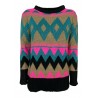 OPEN LAB woman patterned sweater black / camel / fuchsia / lurex teal crewneck art CLOE MADE IN ITALY