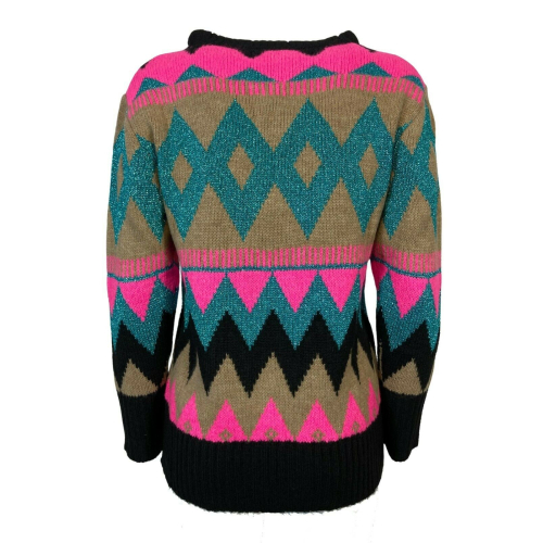 OPEN LAB woman patterned sweater black / camel / fuchsia / lurex teal crewneck art CLOE MADE IN ITALY