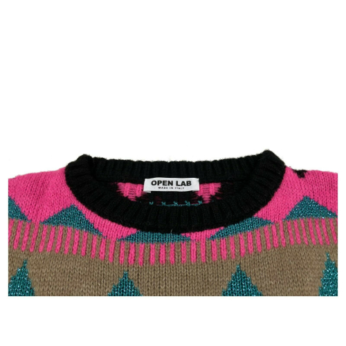 OPEN LAB woman patterned sweater black / camel / fuchsia / lurex teal crewneck art CLOE MADE IN ITALY