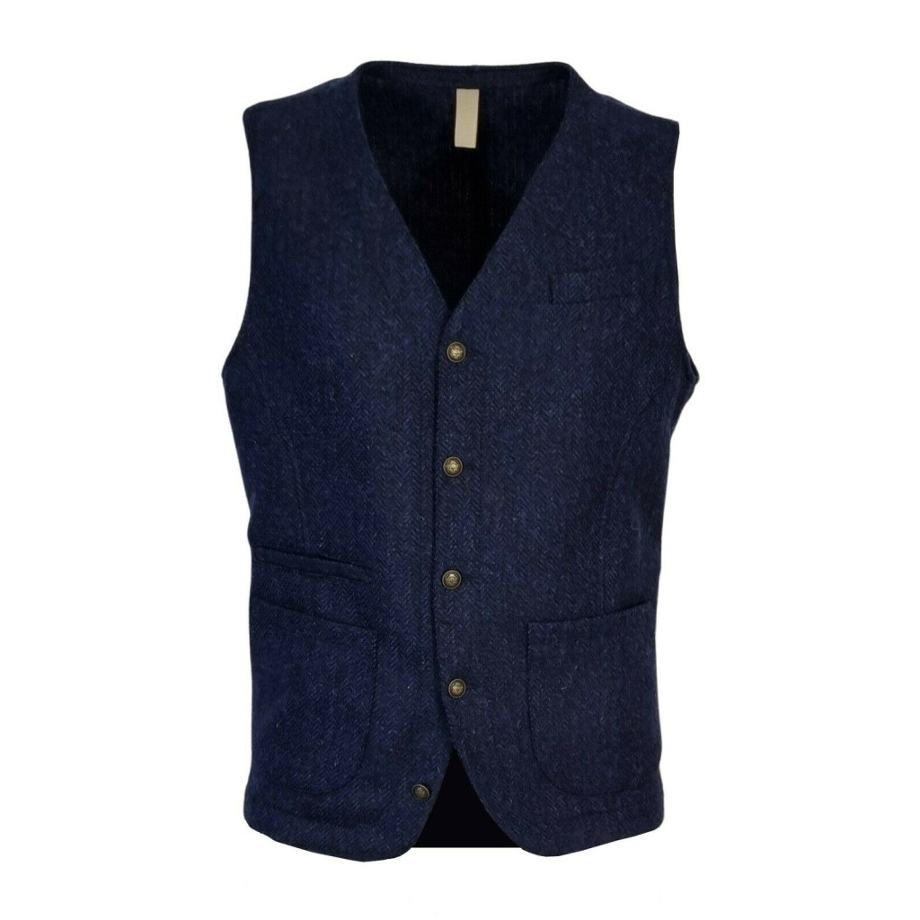 CAESAR Blue herringbone slim fit vest 100% shetland wool Abraham Moon ART. 677002 MADE IN ENGLAND