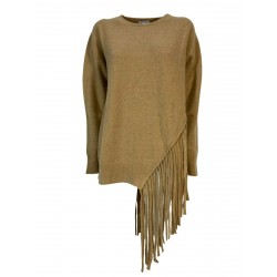 GAIA MARTINO woman camel sweater crew neck long sleeve with fringes art GM42 MADE IN ITALY