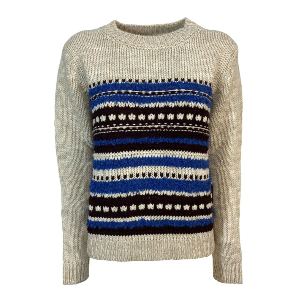 LA FEE MARABOUTEE maglia donna girocollo écru inserti azzurro/bordeaux art FB-PU-CHABADA MADE IN ITALY LA FEE MARABOUTEE maglia donna girocollo écru inserti azzurro/bordeaux art FB-PU-CHABADA MADE IN ITALY