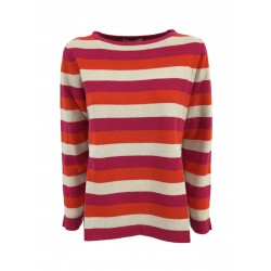 ANNA SERAVALLI woman crewneck sweater fuxia / orange / cream stripes art S1043 MADE IN ITALY
