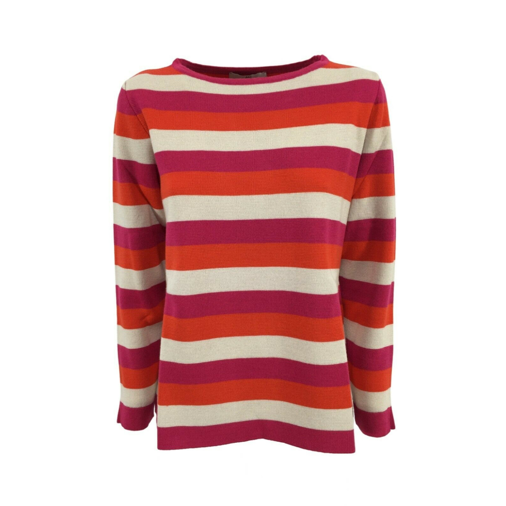 ANNA SERAVALLI woman crewneck sweater fuxia / orange / cream stripes art S1043 MADE IN ITALY