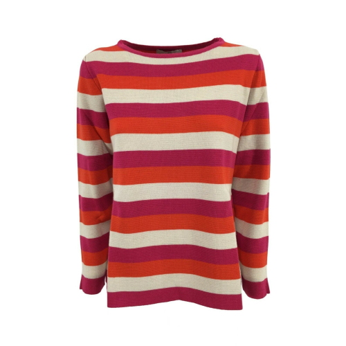 ANNA SERAVALLI woman crewneck sweater fuxia / orange / cream stripes art S1043 MADE IN ITALY