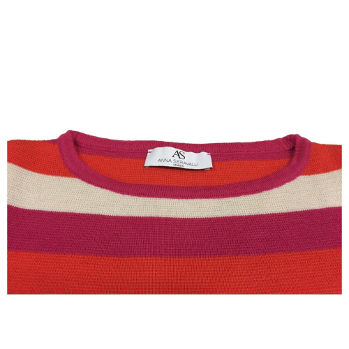 ANNA SERAVALLI woman crewneck sweater fuxia / orange / cream stripes art S1043 MADE IN ITALY