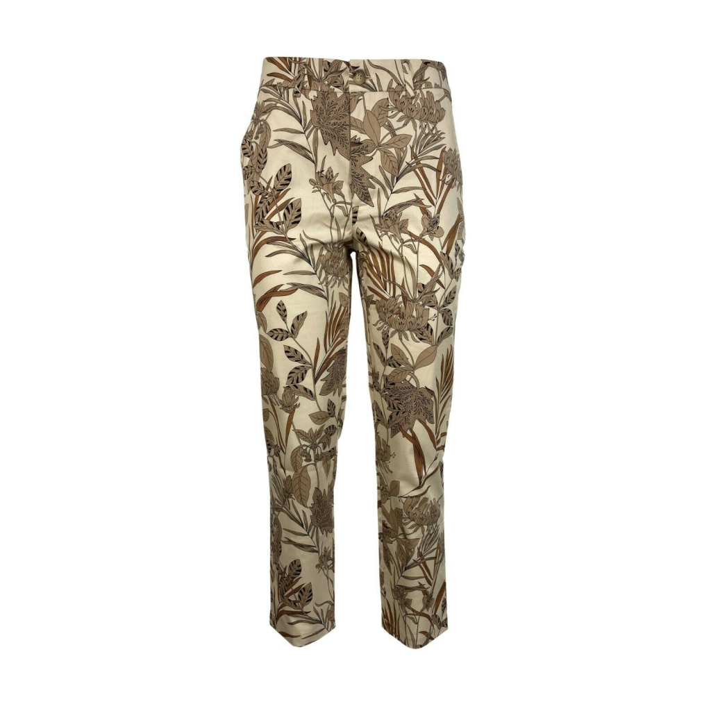 LA FEE MARABOUTEE beige / leather floral patterned woman trousers art FA-PA-MONA 97% cotton 3% elastane MADE IN ITALY