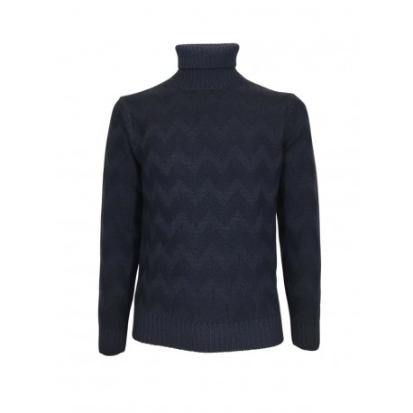 FERRANTE blue turtleneck sweater with chevron processing art U22804 100% wool MADE IN ITALY