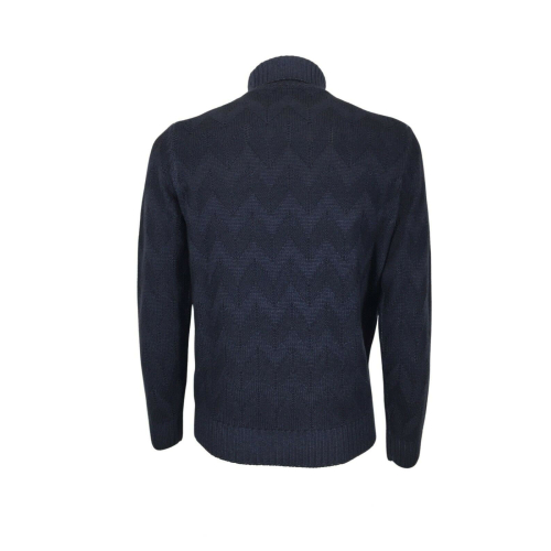 FERRANTE blue turtleneck sweater with chevron processing art U22804 100% wool MADE IN ITALY