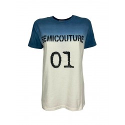 SEMICOUTURE t-shirt woman ivory / denim black logo print art Y2SJ01 MADE IN ITALY