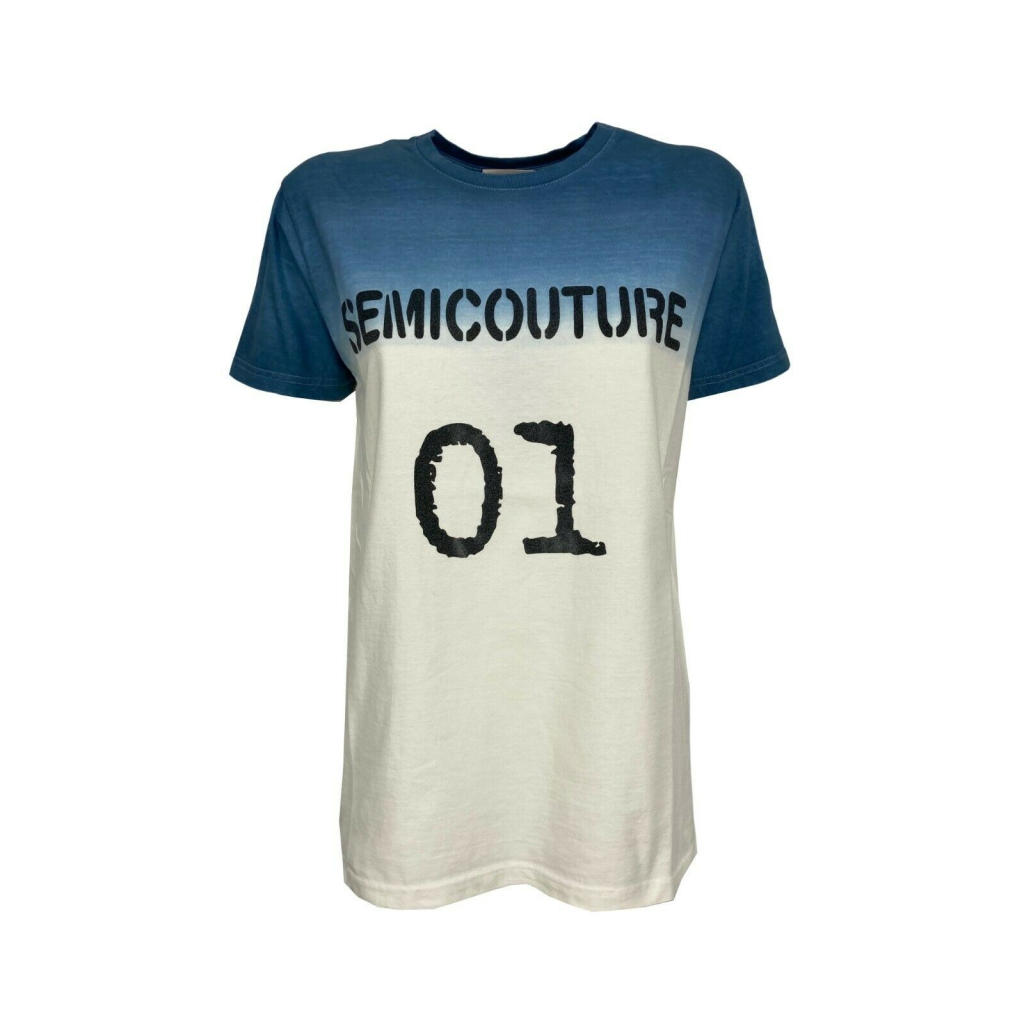 SEMICOUTURE t-shirt donna avorio/denim stampa logo nera art Y2SJ01 MADE IN ITALY