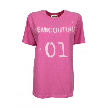 SEMICOUTURE T-shirt donna rosa stampa logo bianco Y2SJ06 ANDREANNE 100% cotone MADE IN ITALY