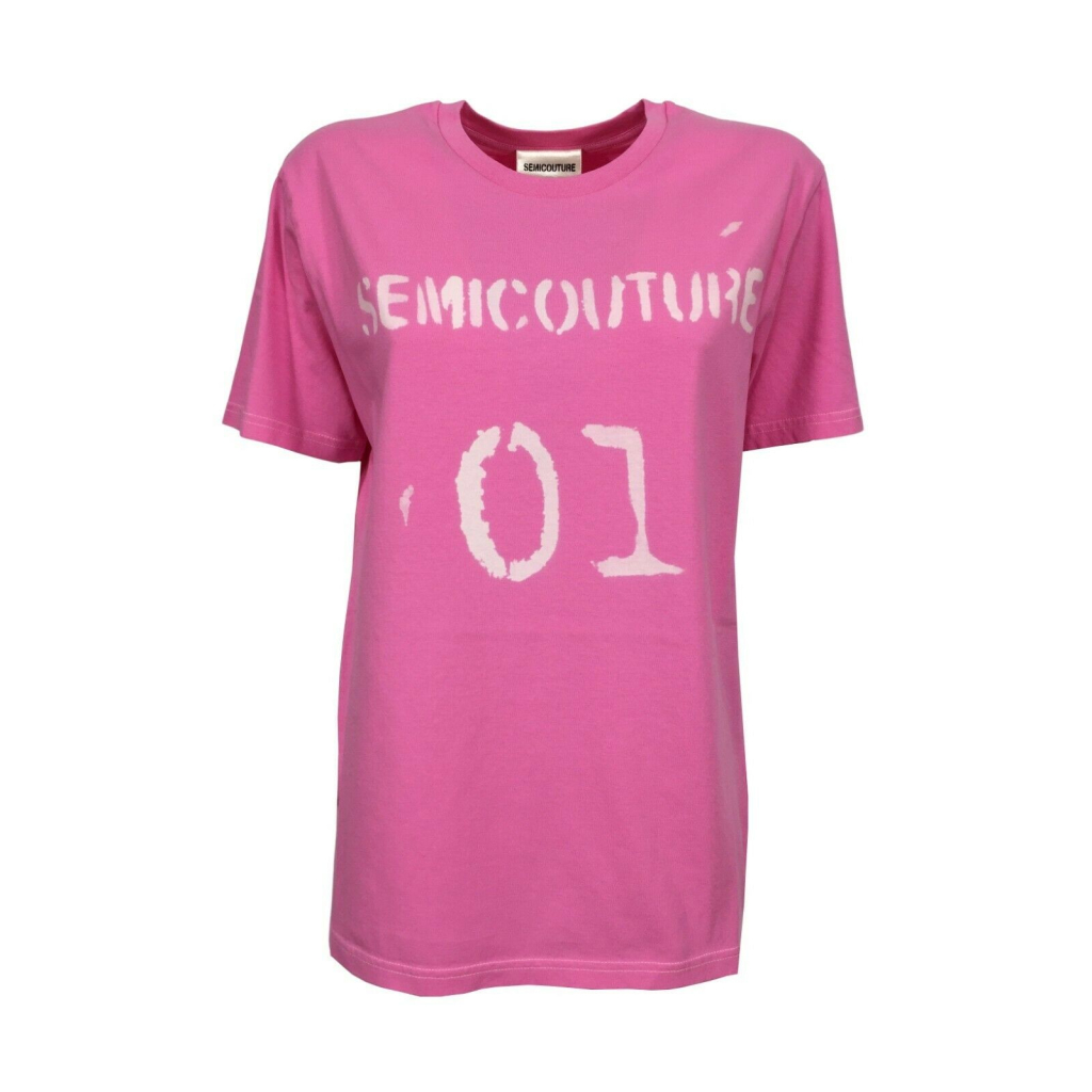 SEMICOUTURE Woman pink t-shirt with white logo print Y2SJ06 ANDREANNE 100% cotton MADE IN ITALY