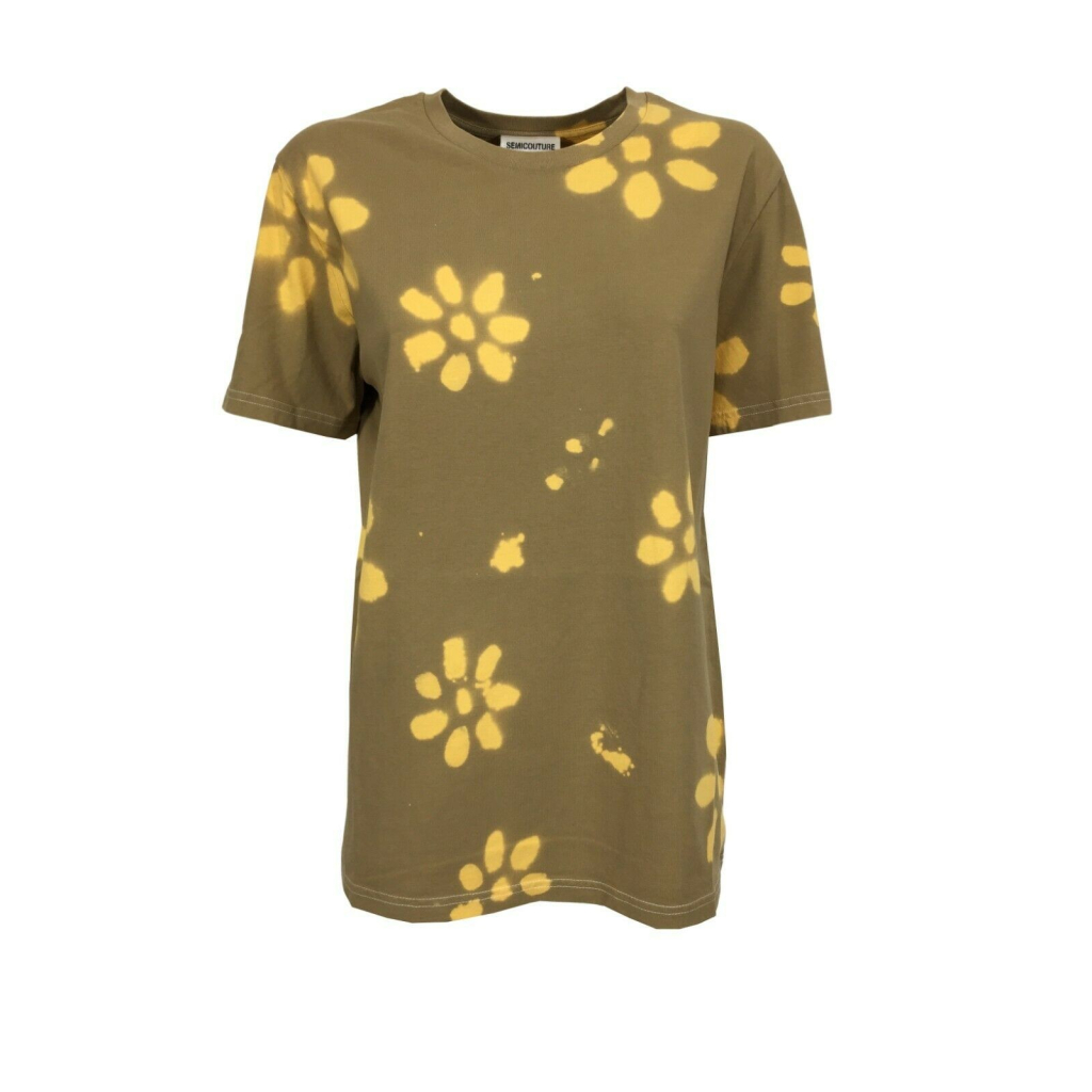 SEMICOUTURE t-shirt donna mezza manica beige fiori gialli art Y2SJ04 ANDREANNE MADE IN ITALY