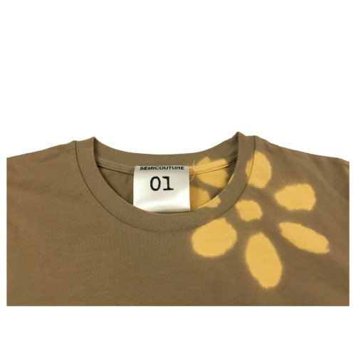 SEMICOUTURE t-shirt woman half sleeve beige yellow flowers art Y2SJ04 ANDREANNE MADE IN ITALY