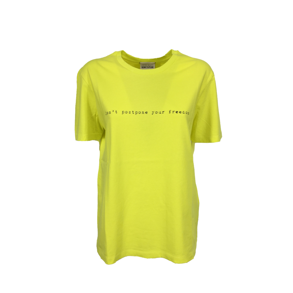 SEMICOUTURE lime woman t-shirt with black print art Y2SJ14 CELESTINE 100% cotton SEMICOUTURE lime woman t-shirt with black print art Y2SJ14 CELESTINE 100% cotton