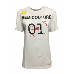 SEMICOUTURE white woman t-shirt black / red print art Y2SJ07 EMERAUDE 100% cotton