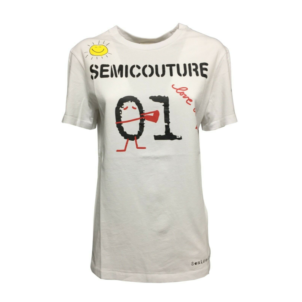 SEMICOUTURE t-shirt donna bianca stampa nero/rosso art Y2SJ07 EMERAUDE 100% cotone SEMICOUTURE t-shirt donna bianca stampa nero/rosso art Y2SJ07 EMERAUDE 100% cotone