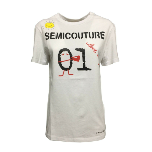 SEMICOUTURE t-shirt donna bianca stampa nero/rosso art Y2SJ07 EMERAUDE 100% cotone