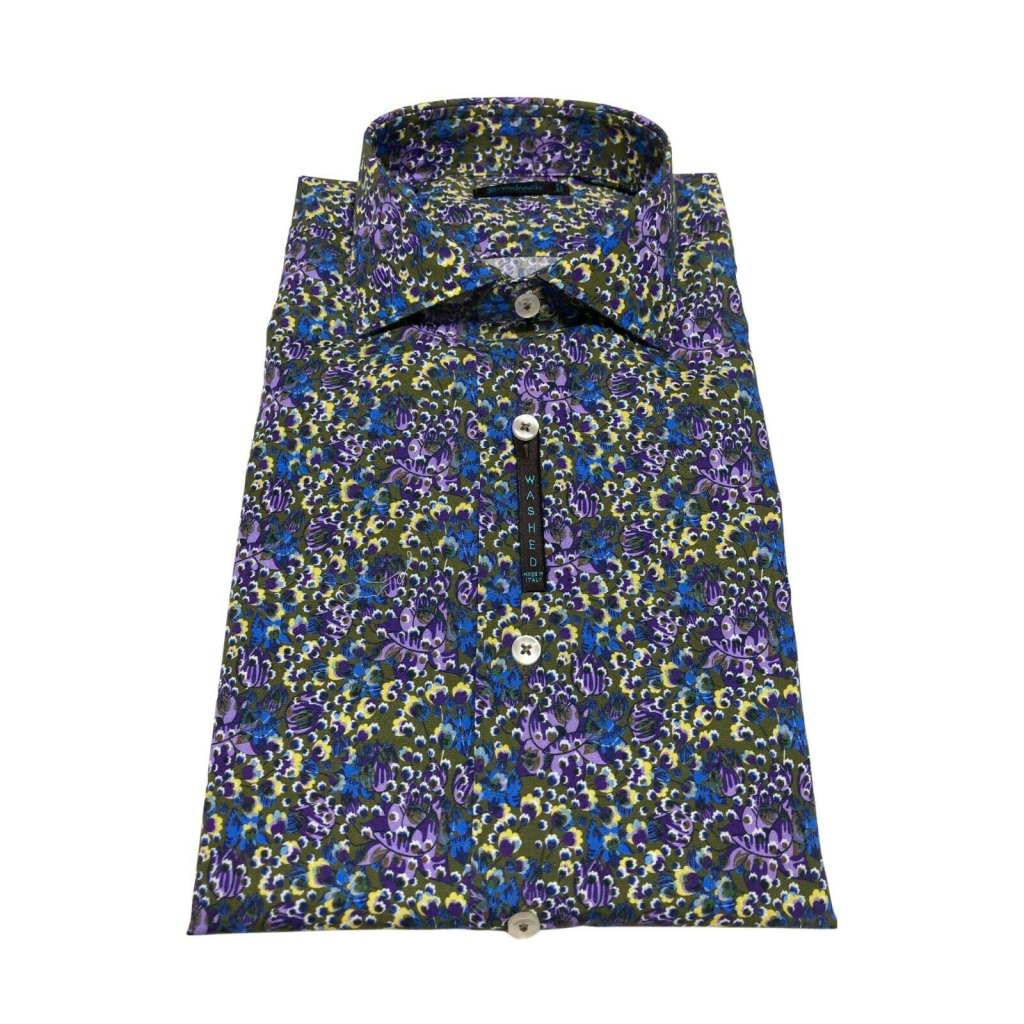 BROUBACK camicia uomo slim washed fantasia fiori militare/viola/giallo NISIDA 38 T07 MADE IN ITALY