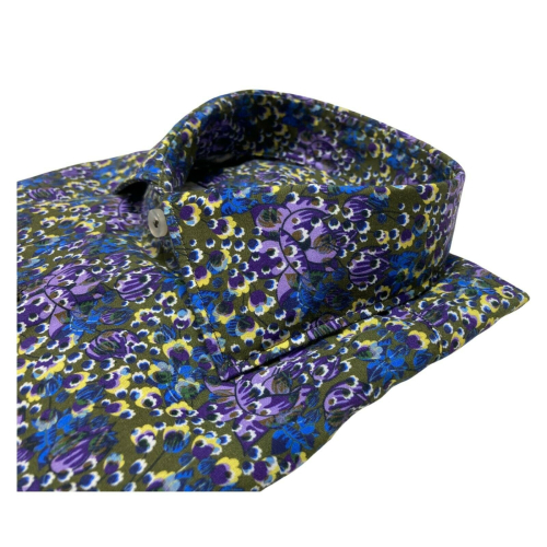 BROUBACK slim washed man shirt with floral pattern military / purple / yellow NISIDA 38 T07 MADE IN ITALY