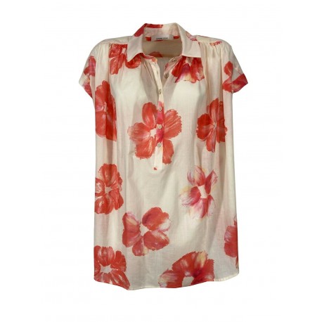 LIVIANA CONTI blouse woman over floral pattern écru / coral art L2SU65 100% cotton MADE IN ITALY