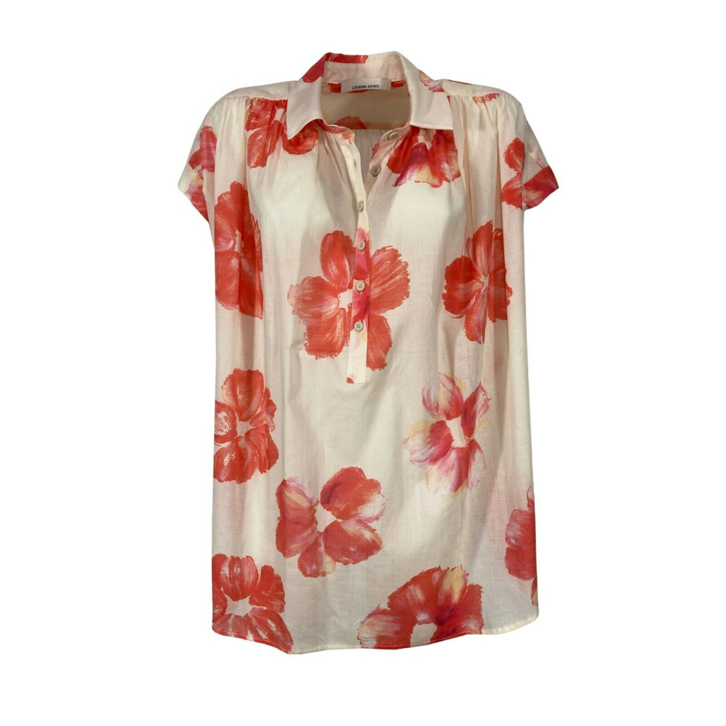 LIVIANA CONTI blouse woman over floral pattern écru / coral art L2SU65 100% cotton MADE IN ITALY LIVIANA CONTI blouse woman over floral pattern écru / coral art L2SU65 100% cotton MADE IN ITALY