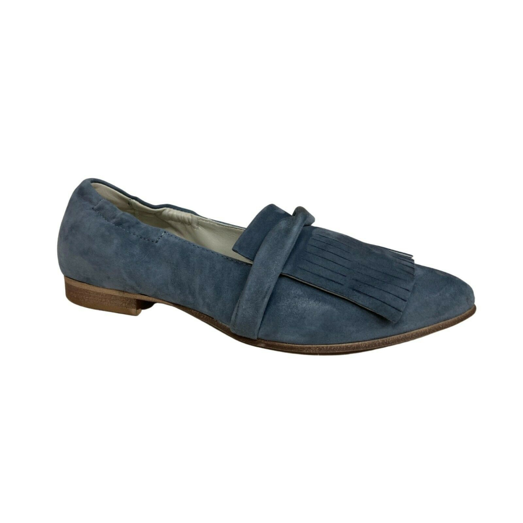 UPPER CLASS faded denim woman moccasin with fringes art 3404 100% leather MADE IN ITALY