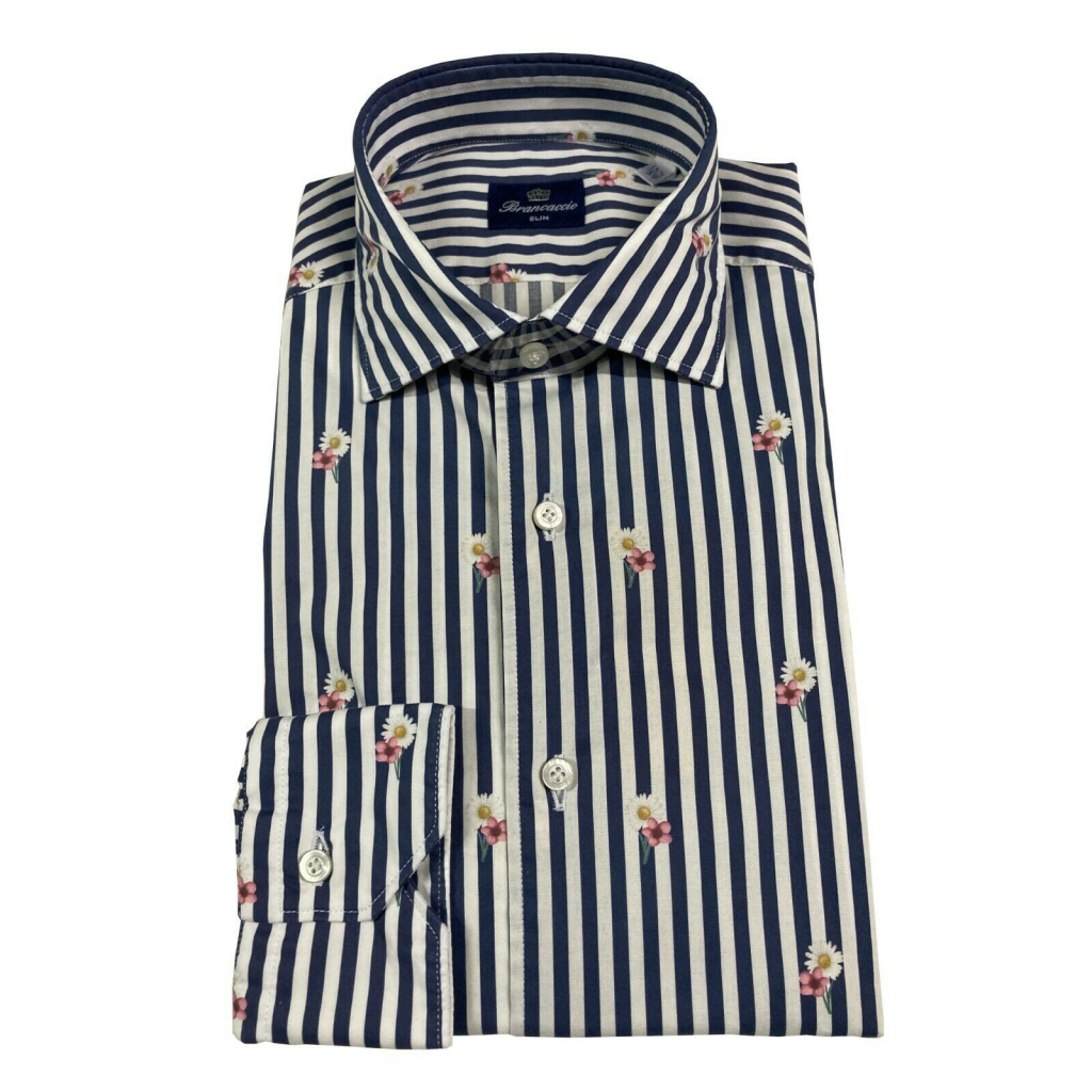 BRANCACCIO men's shirt slim blue lines and flowers art GIO 'PS L10 FDP1021 100% cotton