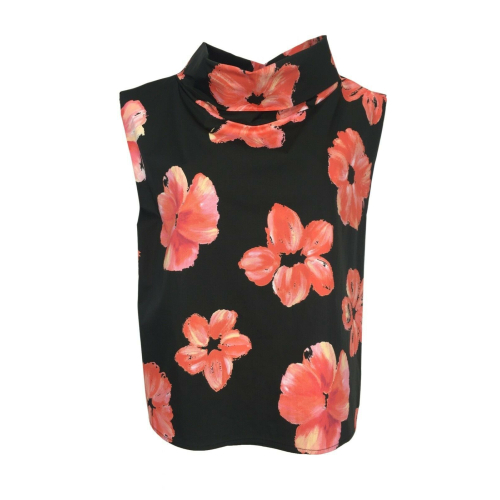 LIVIANA CONTI blusa donna nero fantasia fiori corallo over art L2SU35 cotone MADE IN ITALY