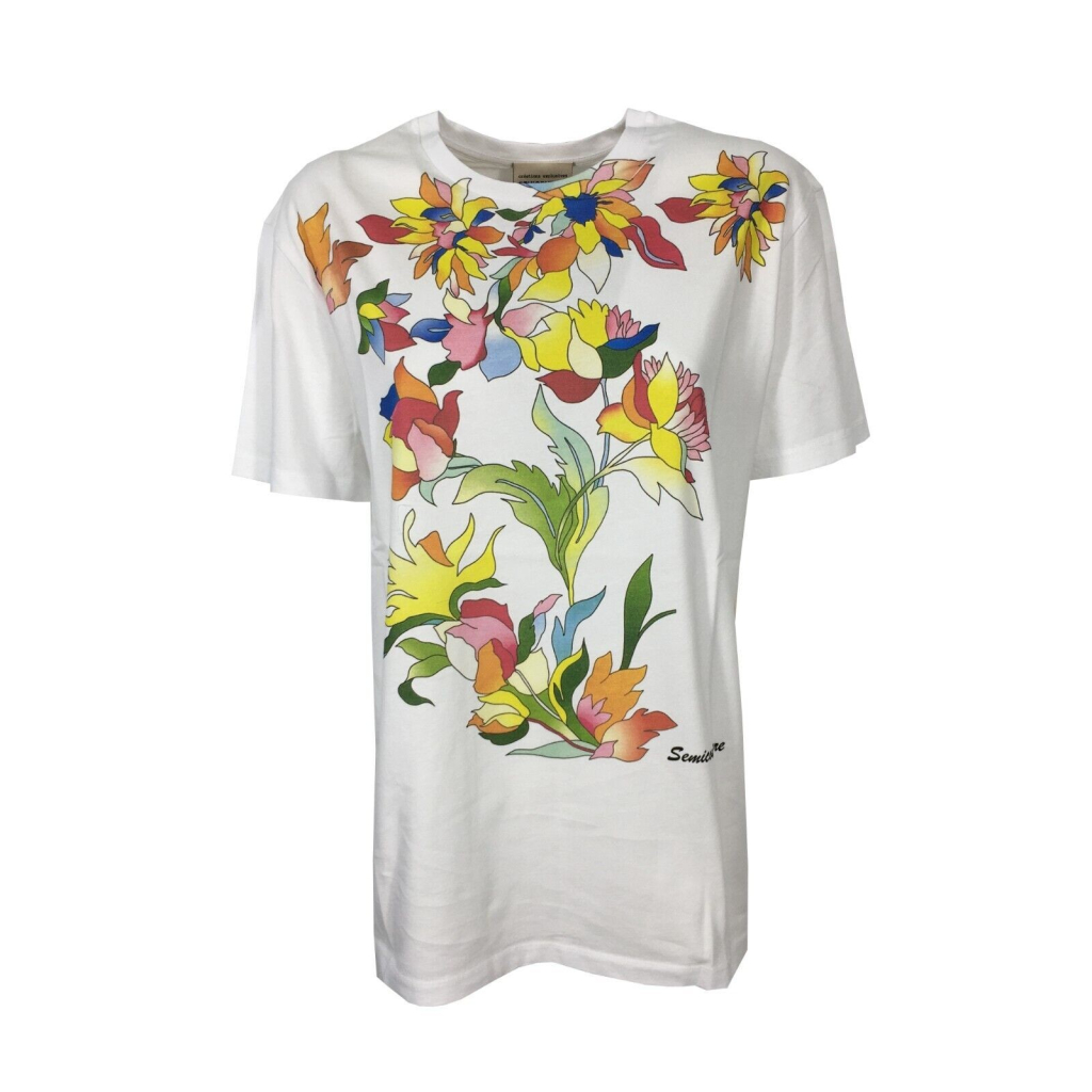 SEMICOUTURE white woman t-shirt with multicolor floral print art Y2SJ20 CLARISSE 100% cotton