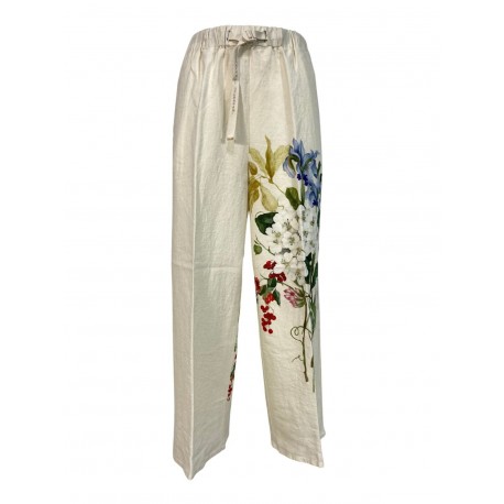 WHITE SAND pantalone donna Lino écru con stampa floreale piazzata art 21SD14 581 CAROL MADE IN ITALY