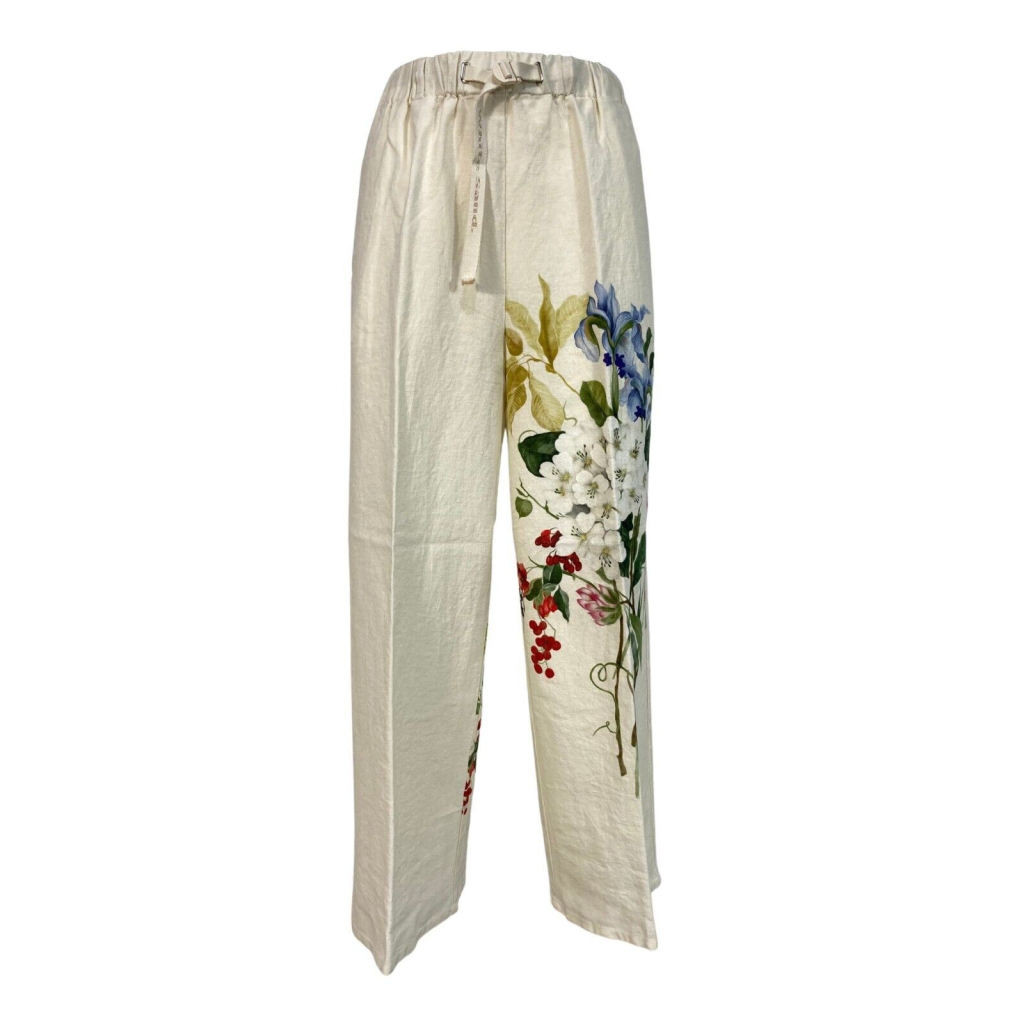 WHITE SAND Ecru linen woman trousers with placed floral print art 21SD14 581 CAROL MADE IN ITALY