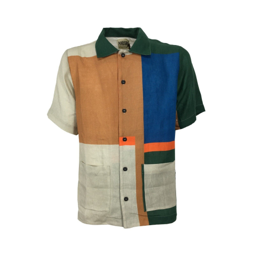 BottegaChilometriZero camicia uomo fantasia beige/verde/bluette art DU21338 100% lino MADE IN ITALY