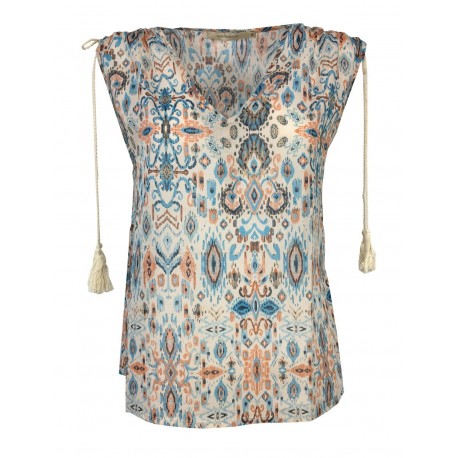 LA FEE MARABOUTEE blusa donna cotone leggero turchese/arancio art FD-TO-BISMA-H 100% cotone MADE IN ITALY