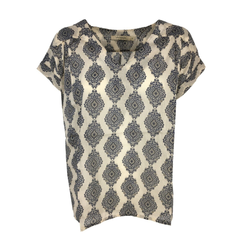LA FEE MARABOUTEE blusa donna cotone leggero svasata avorio/blu FD-TO-BENNY-Y 100% cotone MADE IN ITALY