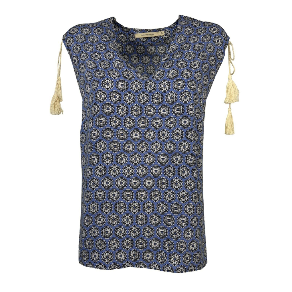 LA FEE MARABOUTEE blusa donna cotone leggero celeste/blu art FD-TO-BISMA-H 100% cotone MADE IN ITALY