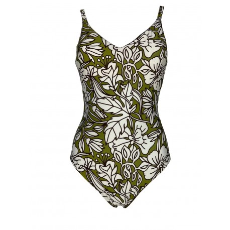 FEELING by JUSTMINE costume intero donna verde/marrone/panna A784C6008 HIBISCUS MADE IN ITALY